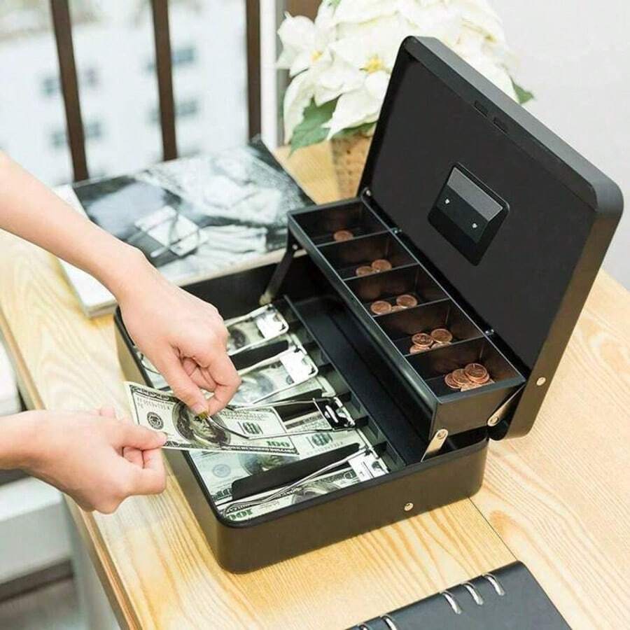 1PC Heavy-Duty Metal Cash Box With Key Lock - Secure Money Storage Box With Removable Coin Tray & 2 Keys - Portable Cash Box For Home, Office, Retail Shop - Double Layer Organizer For Bills, Coins, Valuables (Black) - Multicolor - View 1