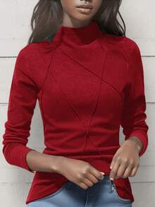 女士加厚抓绒高领打底衫，2024秋冬新款羊羔绒拼接鱼骨针织时尚叠穿休闲上衣 - 酒紅色 - 查看 3