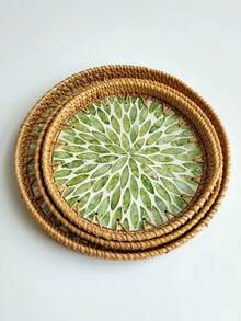 1pc Natural Handmade Round Rattan Tray Rattan Cutlery Tray With Wooden Base, Green Leaf Model, Fresh And Simple, Used For Table Decorations Placement,Round Rattan Tray, Snack Tray, For Table Decoration Placing Coffee, Bread, Food,Of Coffee,Home Decor Snack Serving Dish Platter.Fall Home Decor,Kitchen Accessories,Home Accessories,Bedroom Decor,Home Accessories,Room Decor,Room Decor Bedroom,Bedroom Decor,Gift.
