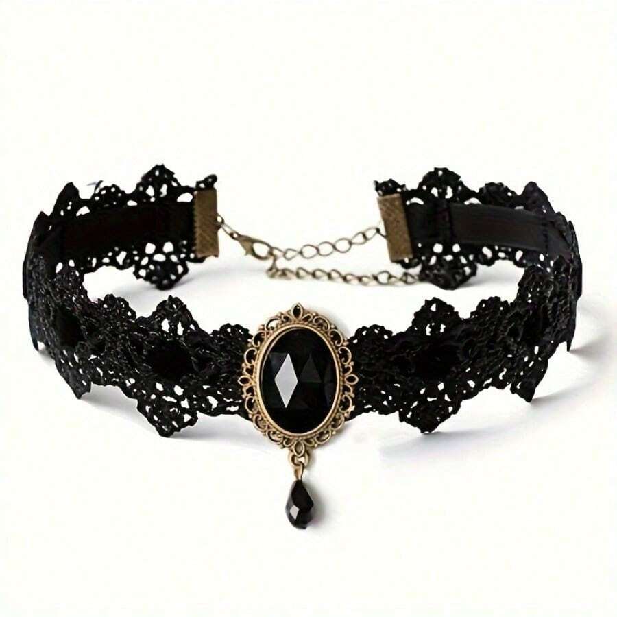 1pc Gothic Lace Choker Necklace With Rhinestone, Adjustable Clavicle Jewelry, Women'S Fashion Collar, Gift For Parties, Halloween, All-Season Accessory - 1 件隨機顏色 - 查看 1