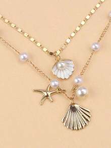 2pcs/Set Beachy Starfish & Shell Necklace Set With Pearl Accents – Resort Style Boho Jewelry, Perfect For Vacation, Summer Outfits, Dainty Layered Necklaces For Women, Stylish Beach Accessories - 金子 - 查看 4