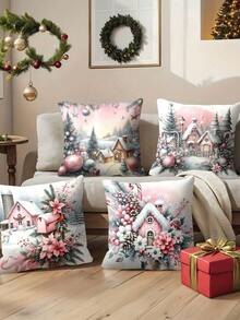4 pièces/1 pièce Housses de coussin de Noël roses - Village enneigé, sapin de Noël et motif floral, housses de coussin de fête, 18x18 pouces | Fermeture éclair | Matériau en polyester brillant | Convient pour le salon, la décoration de la chambre, le canapé et la chambre à coucher (insert de coussin non inclus) Parfait pour la décoration de Noël, la fête de Noël, la décoration de la chambre, la décoration de la maison - Rose bonbon - Voir 6
