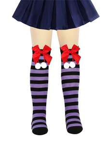 1 par de calcetines largos a la rodilla con rayas, pompones y moños para niñas y adolescentes en Navidad