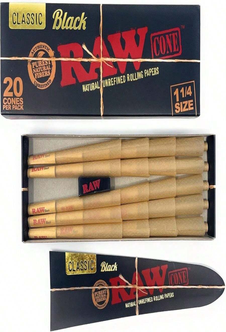 RAW Cones Black 1 1_4 Size: 20 Pack &Amp; Loader - Patented Slow Burning Pre Rolled Cones &Amp; Tips, Includes Green Blazer Sticker - 白色 - 查看 1