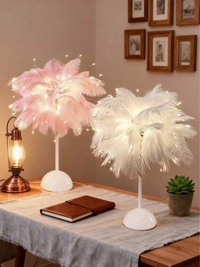 1pc Romantic Feather Lamp - Modern Minimalist Style, Office Desk Decor Light, Romantic & Fashionable, Creates Personalized Ambiance, Suitable For Bedroom & Home Decor, Mother's Day Gift, Romantic Feather Desk Lamp - Pink & White, Battery Powered, Touch/Button Control, LED Lighting, Suitable For Valentine's Day, Birthday, Wedding | Decorative Table Lamp | Romantic Atmosphere Light (Batteries Not Included), An Exquisite Fairy Lamp, Ideal Valentine's Day Gift!