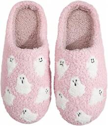 Cozy Plush Halloween Pumpkin Slippers, Non-Slip Fluffy Design - Pink Ghost - View 1