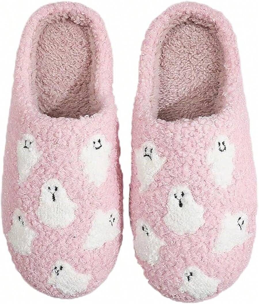 Cozy Plush Halloween Pumpkin Slippers, Non-Slip Fluffy Design - Pink Ghost - View 1