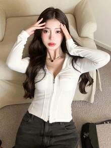 女士时尚双拉链长袖休闲T恤 - 白色 - 查看 3