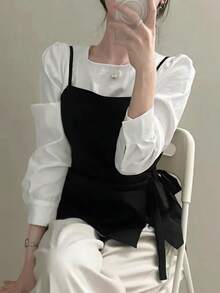 2026 Spring/Autumn Bow Tie Strap Camisole + Long Sleeve Shirt 2-Piece Set - Black and White - View 3