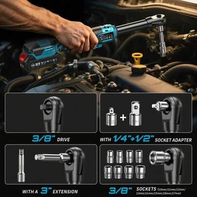 Seesii 3/8 21V Cordless Wrench 80Nm 6.3'' Extended Ratchet Wrench Rechargeable Angle Wrench Car Repair Tools