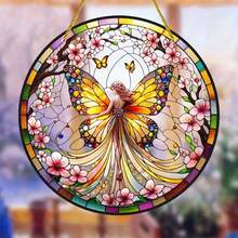 8-Inch 2D Flat Sunlit Fairy Hanging Decor - Valentine's Gift, Acrylic Stained Glass Window Ornament, Floral & Butterfly Themed For Bedroom, Porch, Garden | Ideal Gift For Friends And Family - Multicolor - View 1