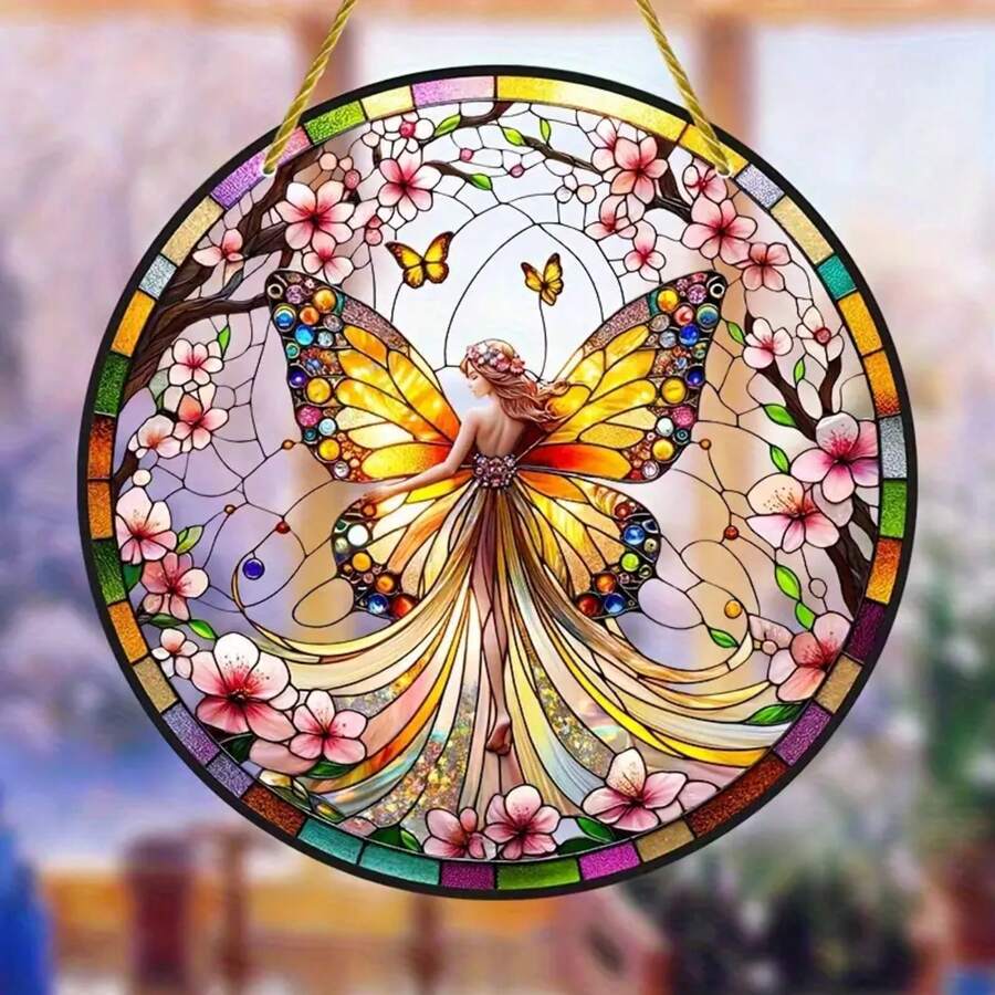 8-Inch 2D Flat Sunlit Fairy Hanging Decor - Valentine's Gift, Acrylic Stained Glass Window Ornament, Floral & Butterfly Themed For Bedroom, Porch, Garden | Ideal Gift For Friends And Family - Multicolor - View 1