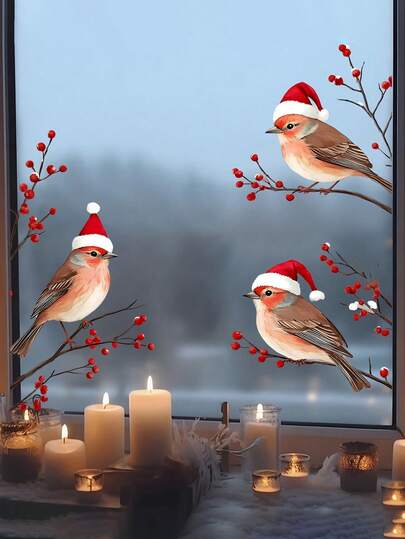 3 Birds In Santa Hats Window Stickers, Christmas Decoration Theme, Red Berry Branches And Snowflakes Decorative Wall Stickers, Suitable For Living Room And Bedroom Glass Door And Window Decorative Stickers, Double-Sided Printing (32.99cm*30.99cm)