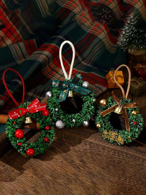 1 pieza Mini corona de Navidad decoraciones, corona de Navidad en miniatura para casa de muñecas para puerta, ventana y decoraciones del árbol de Navidad, estilo granja corona de Navidad artificial, se puede colgar en el árbol de Navidad, ventana o chimenea, decoración de Navidad campana colgante de coche decoración del árbol de Navidad ambiente decoración de ventana colgante