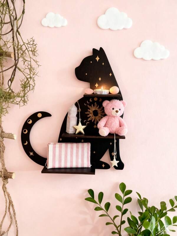 1 pieza Colgador de gato lindo para habitación de bebé - Estantería flotante de madera con diseño de estrella y luna, exhibición de cristal multicolor para decoración de sala de estar o dormitorio, pieza central perfecta para amantes de los gatos, decoración de gatos, decoración de dormitorio, decoración artística, acabado natural
