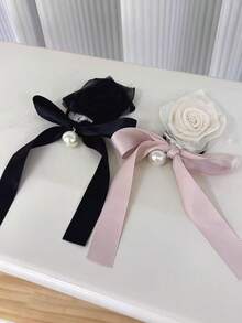 1pc Rose Bow Elegant Polyester Hair Scrunchie, Versatile French Style Pearl Bow Hair Tie Ponytail Holder For Women ,Ponytail Holders ,Hair Elastics ,Hair Rubber Bands ,Scrunchies ,Hair Rope ,Elastic Hair Tie - Multicolor - View 8