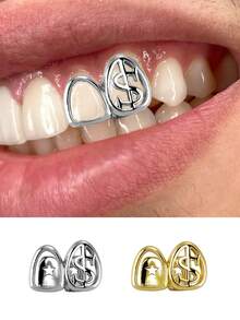 1 件独特的小众空心金属美元符号嘻哈牙齿首饰，时尚派对节日配饰，男女通用