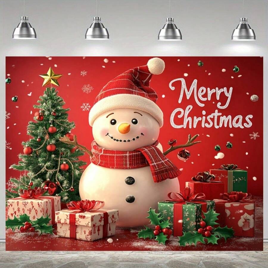 1 Striscione natalizio con pupazzo di neve a scacchi rossi e bianchi, bacche di agrifoglio e fiocchi di neve in tessuto di poliestere, adatto per feste, matrimoni e famiglie sia in ambienti interni che esterni, senza elettricità, disponibile in varie misure, decorazione natalizia, telo di sfondo natalizio.