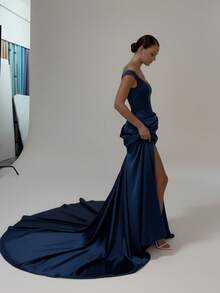 Basrey 新款优雅女士白色吊带连体修身连衣裙，拖地长裙，伴娘礼服，适合参加婚礼和担任伴娘，情人节礼服 - 藏蓝色 - 查看 8