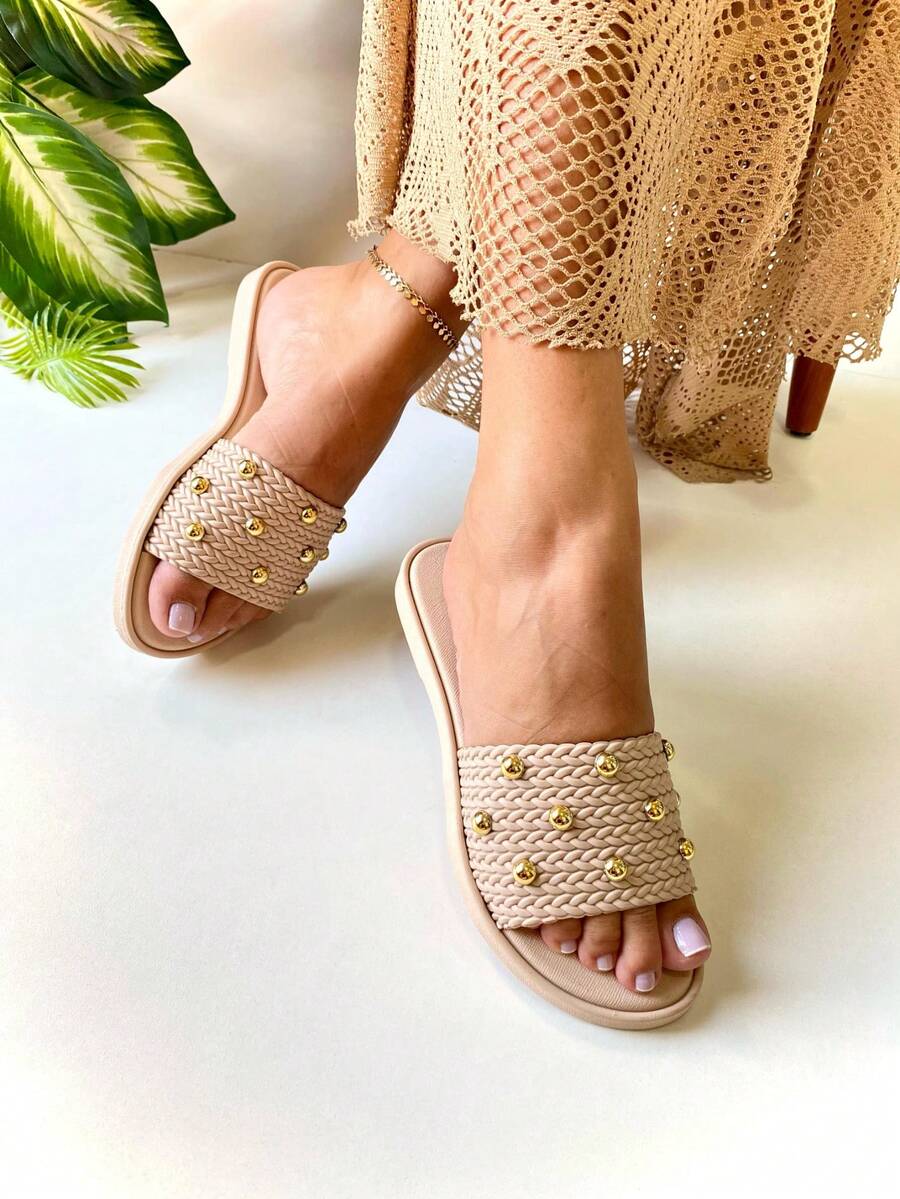 Women's Flat Sandal With Braided Strap, Round Toe, Adult Women's Sandal, RESF Flip-Flop - 米色 - 查看 1