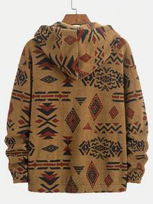 Men's Fashionable Fleece Lined Hoodie, Classic Printed Sherpa Lined Full Zip Hoodie Sweatshirt With Drawstring, Casual Streetwear For Autumn/Winter