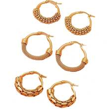 6pcs Fashionable Bestselling Mesh Wrapped Hoop Earrings, New Chinese Style Stainless Steel Woven Circle Earrings, Elegant