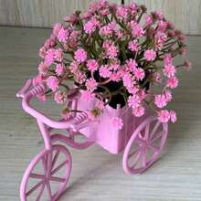 1pc Plastic Mini Bicycle Basket Artificial Potted Plant Desktop Decor, Simulated Green Plant, Suitable For Room Decoration - Pink - View 4