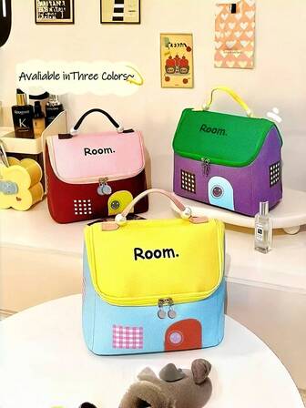 QKC 1个便携式化妆包，可爱小屋造型大容量收纳袋，仿珍珠装饰手柄，隔层设计，可拆卸隔板，防水牛津布材质，适用于办公室、休闲、旅行等场合。女士圣诞礼物，女士礼物创意
