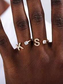 锆石首字母 A-Z 戒指，女士可调节开口戒指，姓名字母表，女性结婚珠宝礼物 - 金黃色 - 查看 2