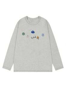 Women's Loose Fit Casual Cartoon Letter Print Long Sleeve Cotton T-Shirt, Spring/Autumn