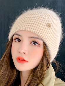 1pc Knit Cuffed Beanie Hats Metal Tag For Women Winter Rabbit Fur Plush Knitted Caps Soft Slouchy Warm Snug Snow Ski Running Unisex Adult Knit Hat Large Head Circumference, Face-Lifting And Warm,