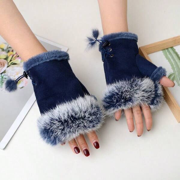 1 Pair Of Imitation Rabbit Hair Half Finger Gloves For Women's Winter Warmth Gloves+Velvet Finger Gloves, Suede Rabbit Hair Half Finger Gloves For Women's Winter Warmth Gloves, Computer Gloves, Winter Warmth Gloves