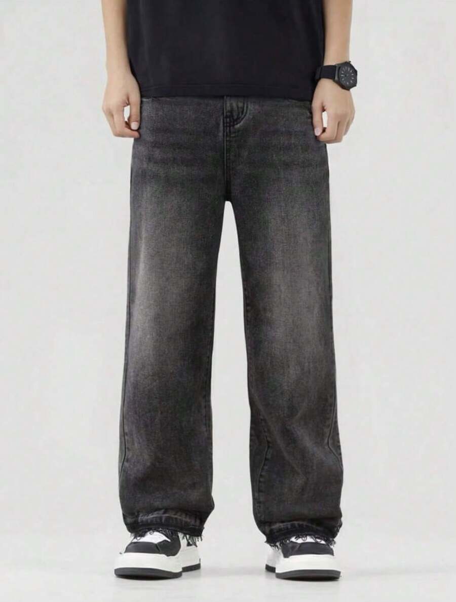 Boys' Jeans, Youth, Straight, Baggy, Gray, Black, Teenage Fashion, Premium Denim, 10 To 16 - 黑色 - 查看 1