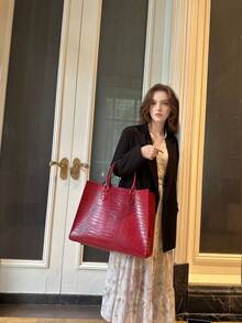 1pc Large Capacity Women's Tote Bag, Fashion Crocodile Embossed Versatile Travel & Shopping Bag, Oversized Handbag, Burgundy Crocodile Pattern, Suitable For Travel, Shopping, Outdoor, Holidays, Gifts