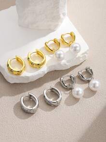 Set di 4 orecchini a perno in lega di rame di stile retrò francese minimalista, con zirconia cubica colorata e perle finte a forma di stella, design di lusso alla moda, adatto per uso quotidiano e per occasioni festive delle donne