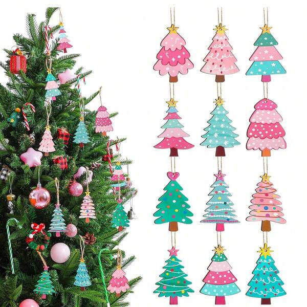Juego de adornos para árbol de Navidad, decoración colgante colorida para árbol de Navidad con diversos patrones, adornos con forma de árbol de Navidad lindos para el árbol de Navidad, decoración para fiestas navideñas, hogar y chimenea.