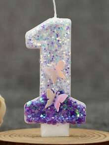 1支0-9紫色和白色双蝴蝶闪光数字生日蜡烛，手工创意DIY生日蛋糕蜡烛，生日蛋糕蜡烛装饰派对周年纪念庆祝烘焙用品派对和节日装饰，女孩一周岁生日庆祝蜡烛 - 彩色 - 查看 2