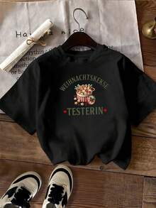 Camiseta gráfica festiva de probador de galletas navideñas para mujer, deliciosa camiseta para amantes de los dulces navideños y la repostería para damas, prenda de invierno acogedora con estampado único. - Negro - Ver 2
