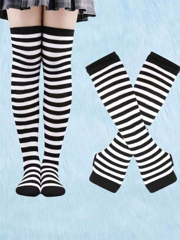 Set de 2 piezas Medias altas a la rodilla a rayas + Guantes, Medias estilo japonés sobre la rodilla para mujer, Medias navideñas, Medias hasta la rodilla de otoño/invierno