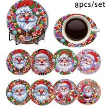 1 Set Of 8pcs 5D Diamond Painting Coaster Kit, Including Christmas Series, Cartoon, Landscape And Other Patterns To Choose From, To Exercise Hands-On Ability, Suitable For Beginners, Acrylic Diamond Covered Coaster, Dining Table Insulation Coaster, Comes With Tools, With Iron Bracket