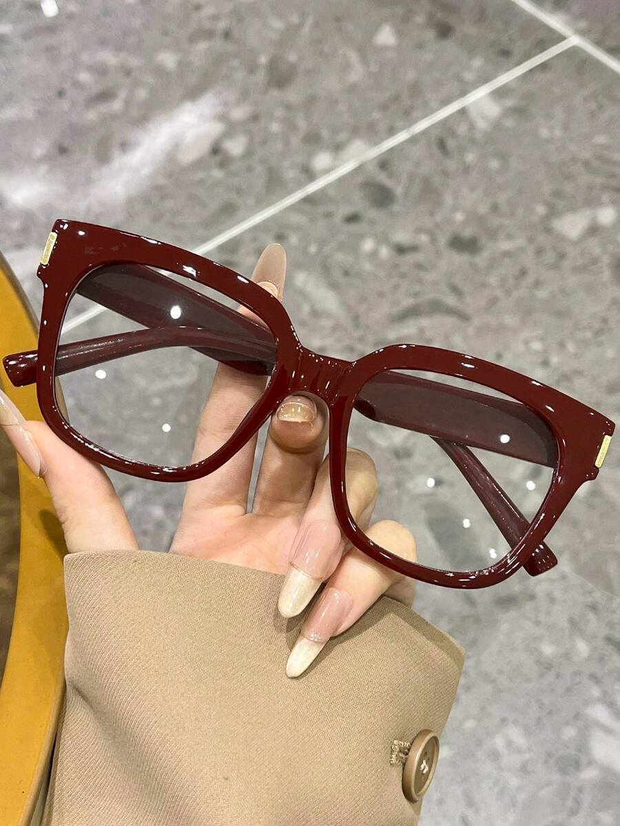 1 Pair Women's Burgundy Square Frame Glasses, Fashion Decorative Non-Prescription Glasses, Versatile For Daily Wear - 多色 - 查看 1