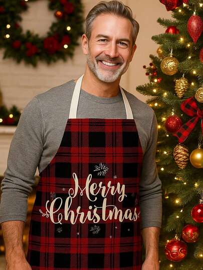 2025 年圣诞派对必备单品 1 件：亲子格子围裙；可爱的圣诞布艺围裙，圣诞快乐，圣诞花环的色彩鲜艳和快速设计；圣诞装饰厨房烘焙围裙；气氛装饰和节日派对装饰的必备围裙
