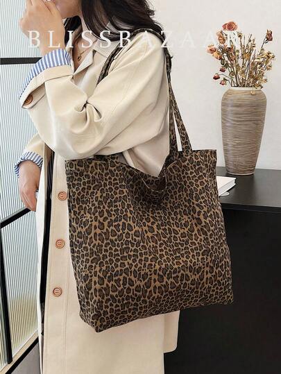 1pc Leopard Print Tote Bag, Fashionable Shoulder Bag, Large Capacity Canvas Material, Beach Bag, Customizable, Fashion Leopard Print Bag, Fall Winter Fashionable Cheetah Print Purse For Women, New Fall Winter Tiger Print Bag For Women , Leopard Cheetah Print