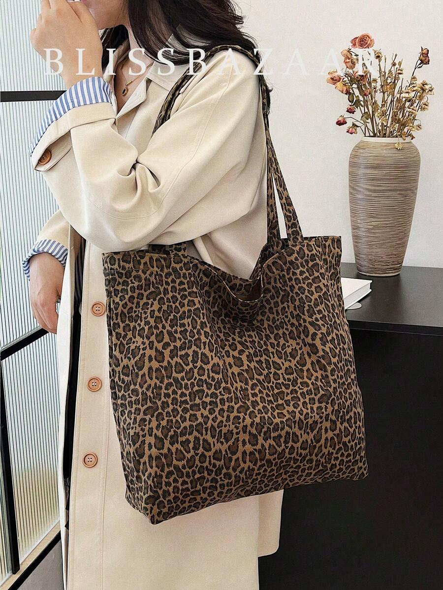 1pc Leopard Print Tote Bag, Fashionable Shoulder Bag, Large Capacity Canvas Material, Beach Bag, Customizable, Fashion Leopard Print Bag, Fall Winter Fashionable Cheetah Print Purse For Women, New Fall Winter Tiger Print Bag For Women , Leopard Cheetah Print - Multicolor - View 1