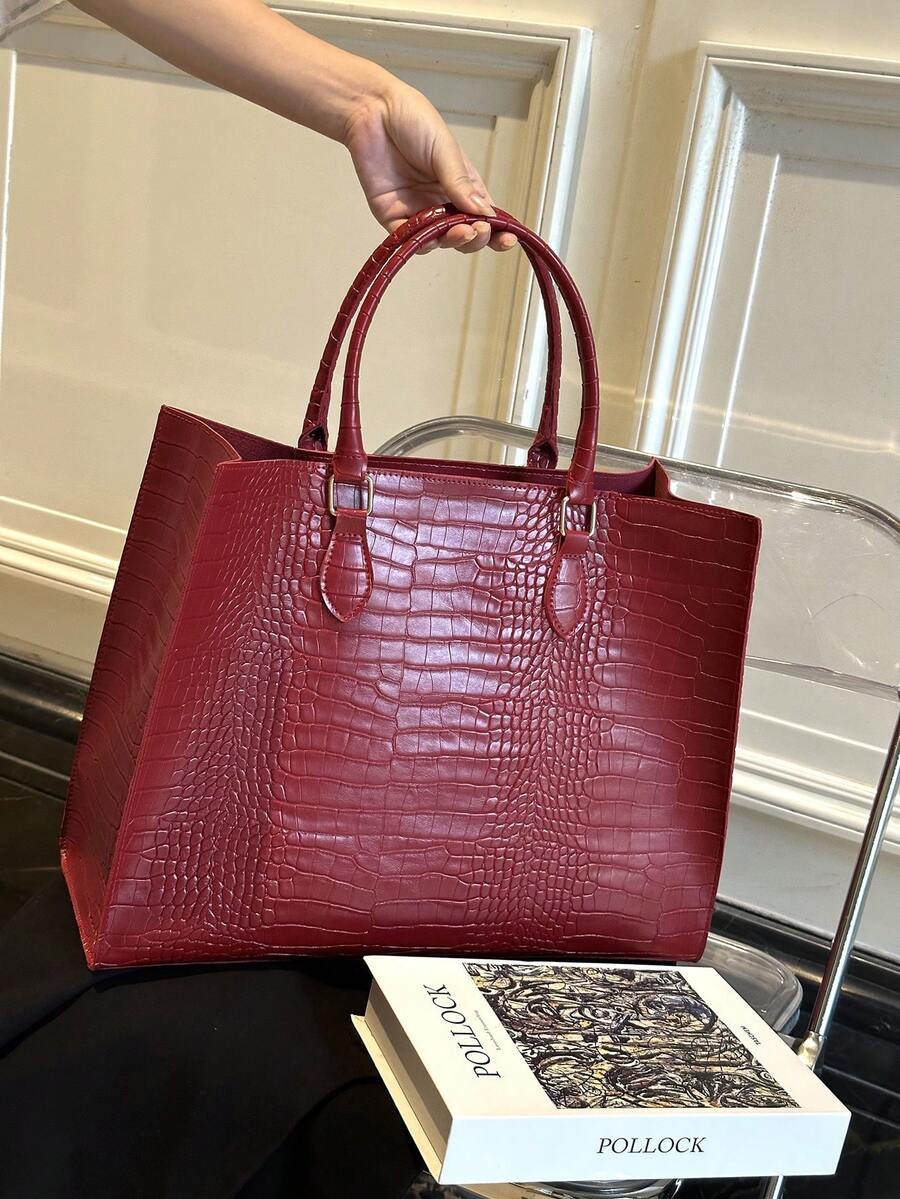 1pc Large Capacity Women's Tote Bag, Fashion Crocodile Embossed Versatile Travel & Shopping Bag, Oversized Handbag, Burgundy Crocodile Pattern, Suitable For Travel, Shopping, Outdoor, Holidays, Gifts