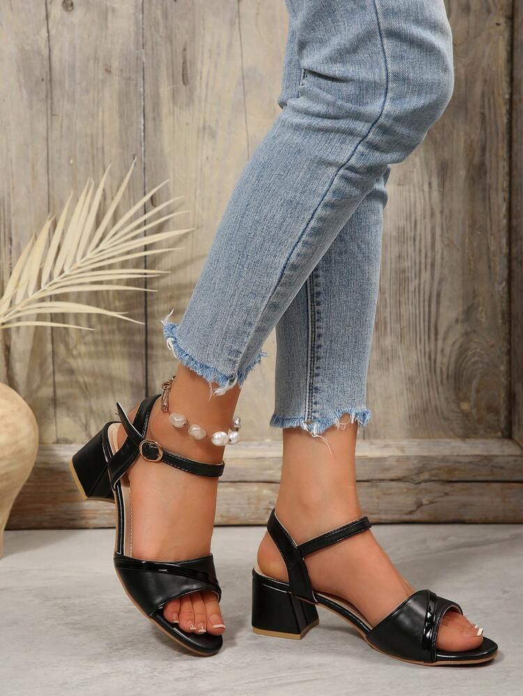 1 par de sandalias de tacón grueso de 5 cm con tira de hebilla y glitter de unicolor para niñas/adolescentes, moda casual, lindas y cómodas, tacones de lujo adecuados para mayores de 15 años, para fiestas, campus, playa, primavera/verano - Negro - Añade 5