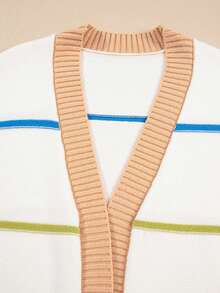 Acelitt Cardigan ample décontracté sans bouton, patchwork de rayures multicolores pour l'automne et l'hiver - Blanc - Voir 5