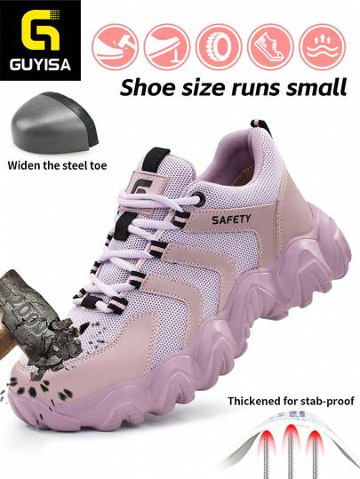 GUYISA Zapatos de seguridad para mujer, anti-aplastamiento, anti-perforación, suaves, ligeros, transpirables, con diseño de parches rosa de moda, zapatos funcionales para el trabajo, adecuados para todas las estaciones