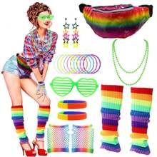 Costum de petrecere pentru femei, anii 1980, set de accesorii pentru ținute, anii '80, include borsetă, jambiere, cercei, mănuși plasă, colier, ochelari, brățară, bandă de susținere - Costum de petrecere/rochie retro anii '80, Halloween