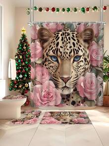Rideau de douche imprimé léopard et rose rose avec 12 crochets en forme de C - Imperméable, lavable en machine, décoration de Noël imprimée animale